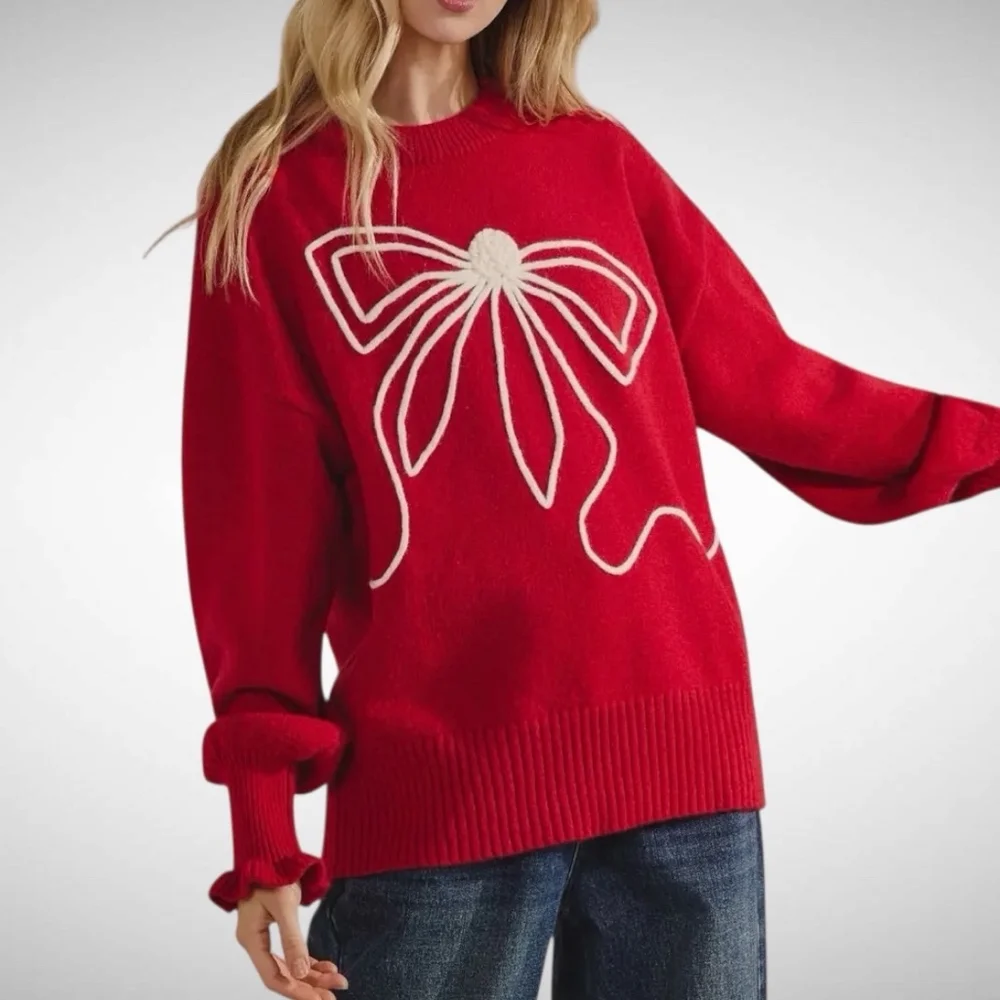 Sage + Fig The Big Bow Holiday Sweater in Cherry Red Size L - Picture 3 of 3